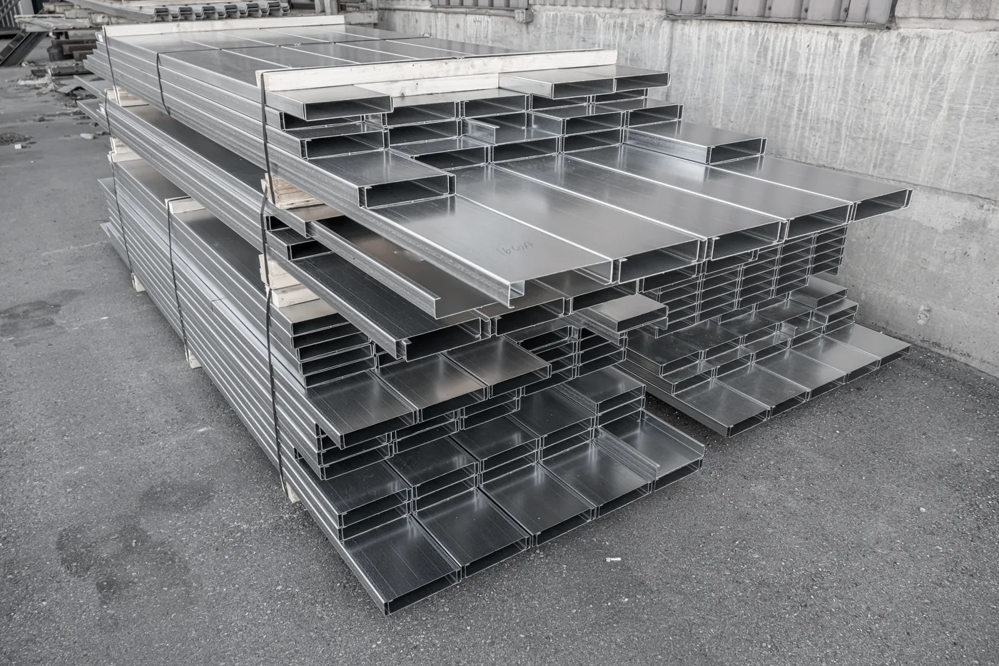 Bundled galvanized steel framing packs — a complete PEMB building kit staged for delivery